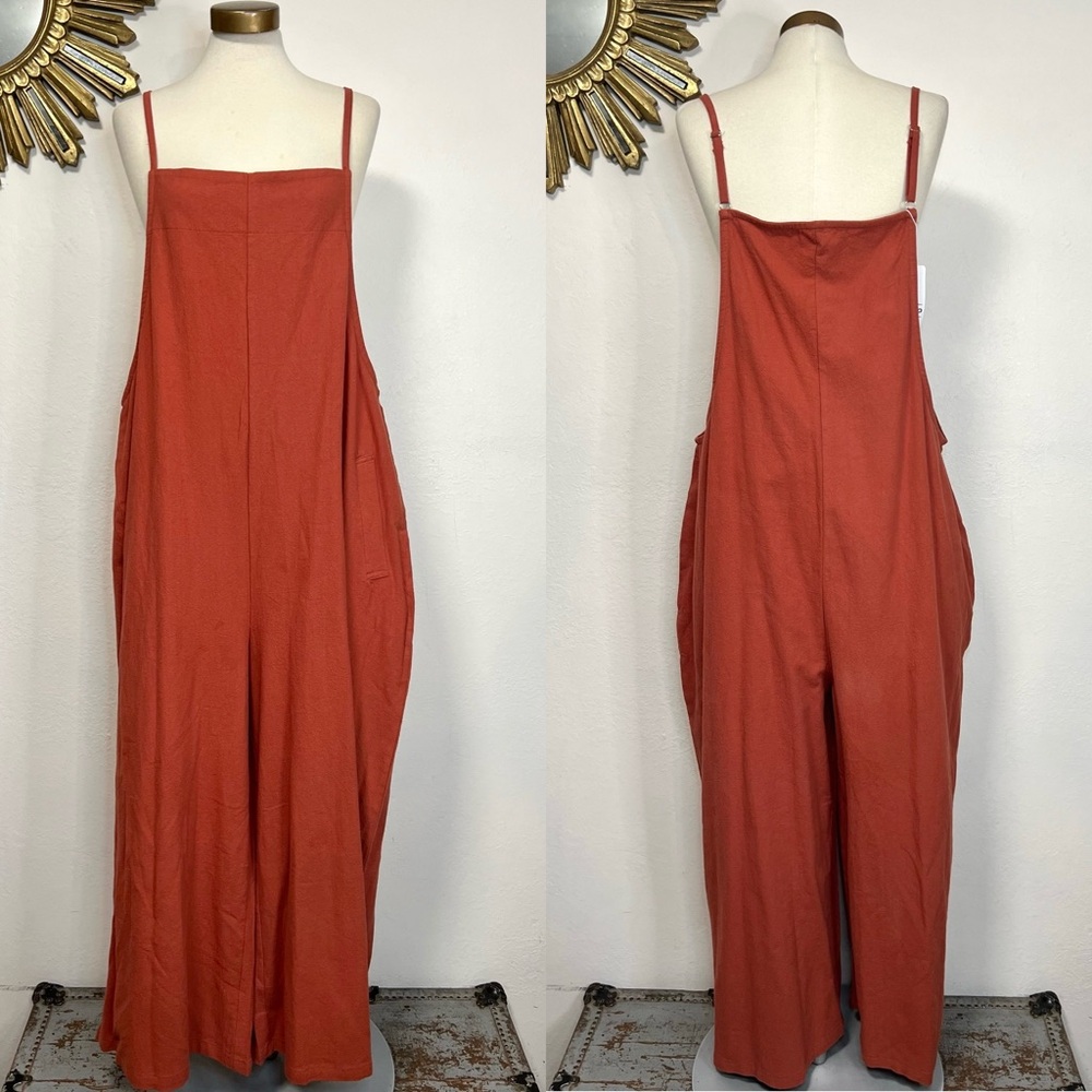 Yesno Rust Wide Leg Loose Jumpsuit Romper with Spaghetti Straps